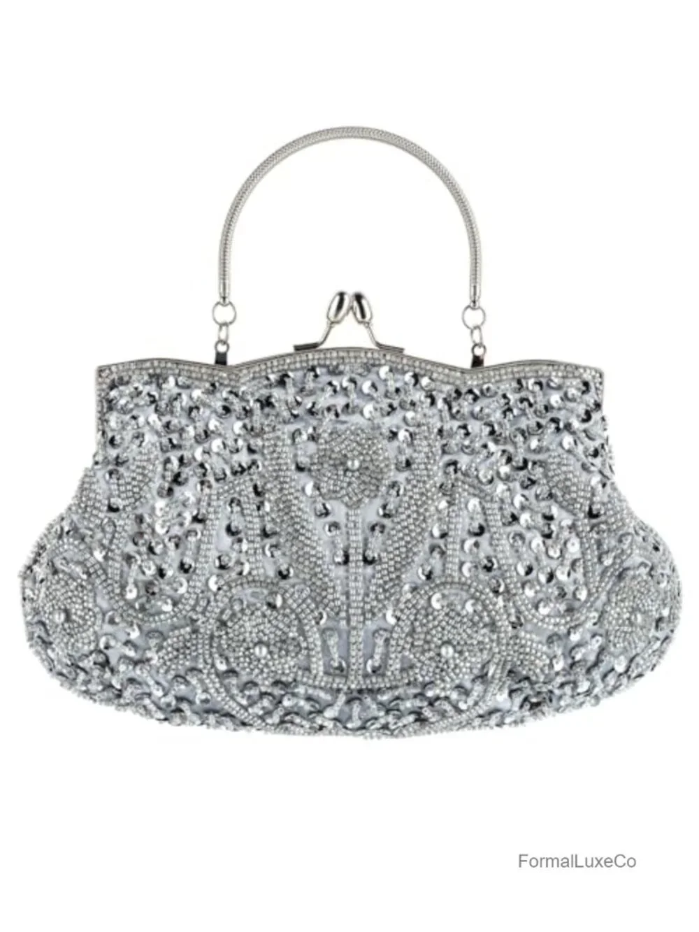 Beaded Floral Evening Clutch Purse with Kiss Lock Closure